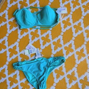 Jessica Simpson NWT Green/Teal 2 Piece XL Halter Top, L Bikini Bottom Swim Set